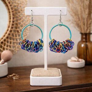 Handmade Chainmaille Hoop Earrings Rainbow Anodized Aluminum Statement